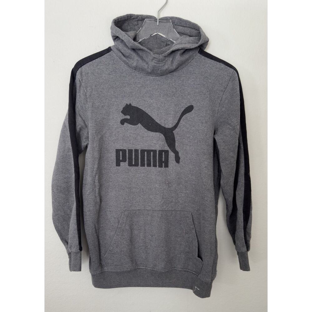 Puma Gray & Black Pullover Fleece Hoodie Boys XL 18-20 Big Logo Spellout